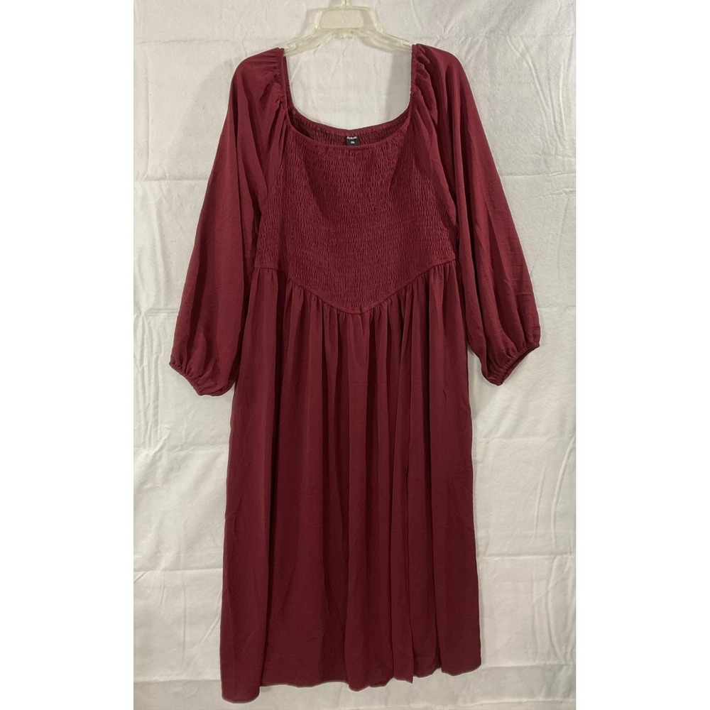 SCOMCHIC Dress Womens 2XL Red Smocked Square Neck Puff Sleeve Fit Flare Midi